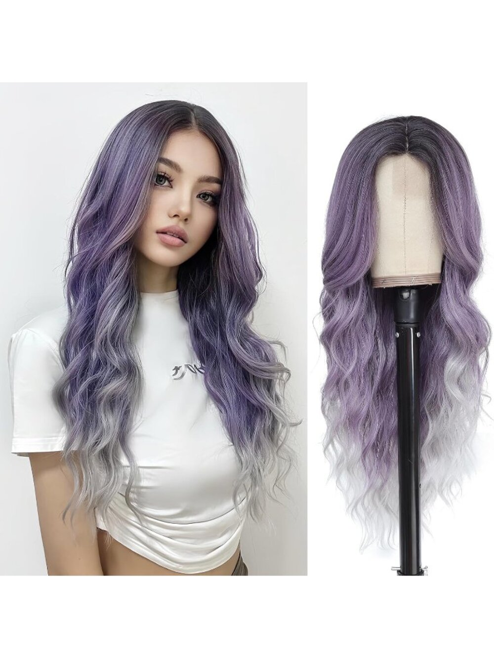 Women's Ombre Purple 26 Inch Natural Looking Heat Resistant Long Wavy Wigs